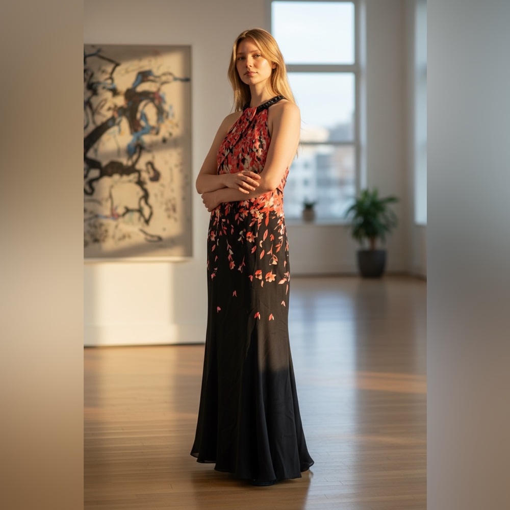 St. John Black Maxi Dress with Coral Floral Print